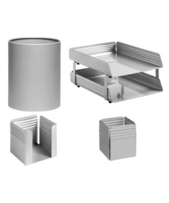 Desk Set - Fluted Steel Range - Metal - Letter Tray - Waste Bin - Pencil Cube and Cup - Silver - 513SI