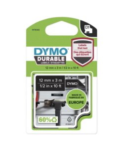 Dymo D1-Tape Vinyl (High Performance), 12mm x 3m, White on Black
