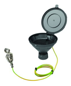 SCAT Funnel with Lid "MARCO" V2.0 GL45 PE-HD Electrostatic Conductive with Removable Sieve and Earthing Cable, Funnel Diameter 140 mm