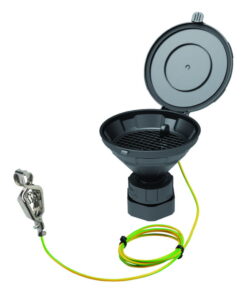 SCAT Funnel with lid "MARCO", V2.0, S65, V2.0, S55, PE-HD electrostatic conductive, Ø 140 mm, with removable sieve and earthing cable