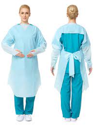 blue plastic isolation gown