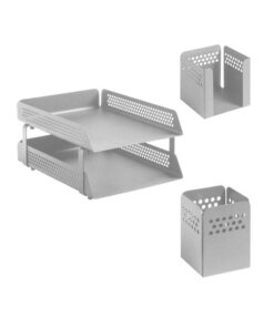 Desk Set - Round Perforated Steel Range - Metal - Letter Tray, Pencil Cube and Cup - Silver - 812SI