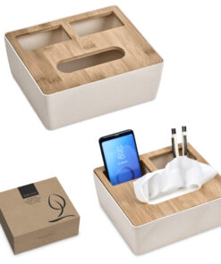 Eco Friendly Bamboo Desk Caddy – Phone Holder, Pen Holder & Tissue Holder