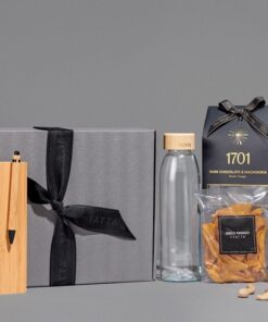 Eco Friendly Gift Hamper – 500ml Glass Water Bottle, Bamboo A5 Notebook & Pen, Dried Mango & Other Snacks in Gift Box
