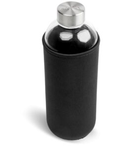 Jumbo 1 Litre Glass Water Bottle With Watertight Stainless Steel Lid & Black Neoprene Sleeve – In Gift Box