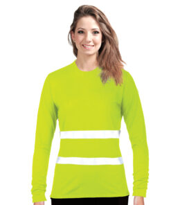 Ladies Hi-Viz Moisture Management Crew Neck Long Sleeve T-shirt with Reflective Strips – Min 50 Units