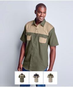 Mens Short Sleeve Serengeti Two-Tone Bush Shirt – 100% Cotton With Pleated Pockets Tracker Shirt