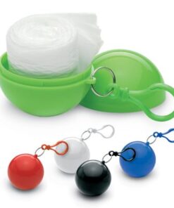 Transparent poncho in ball shell with a carabiner hook.