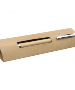 Wooden ball pen presented in a cardboard pouch.