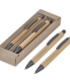 Steel & Bamboo Jonatu Ball Pen & Pencil Set In Eco Friendly Kraft Presentation box